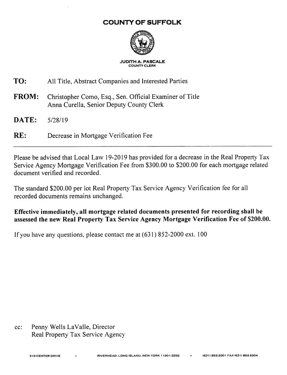 Decrrease in Mortgage Verification Fee